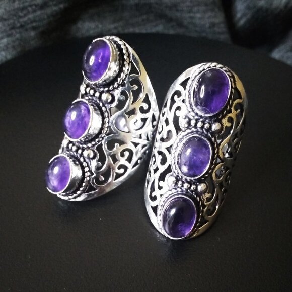 Genuine Amethyst Cabochon Shield Ring - Size 7.5 or 9! Trendy Boho Sexy Chic - Picture 10 of 12